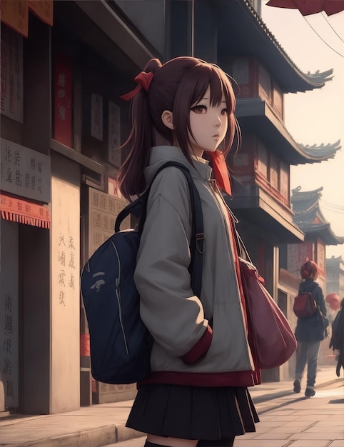 Anime meisje op straat met Chinees schrift teken Generatieve AI