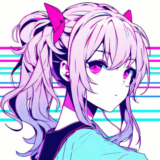 Anime meisje portret synthwave vaporwave stijl neon kleuren met zacht roze haar