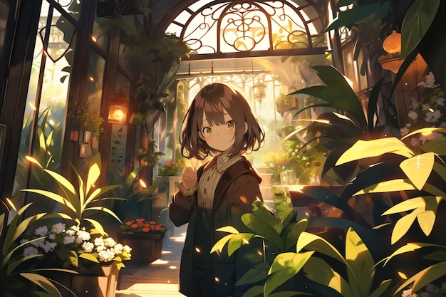 Anime meisje staat in een kas met planten en bloemen generatieve ai