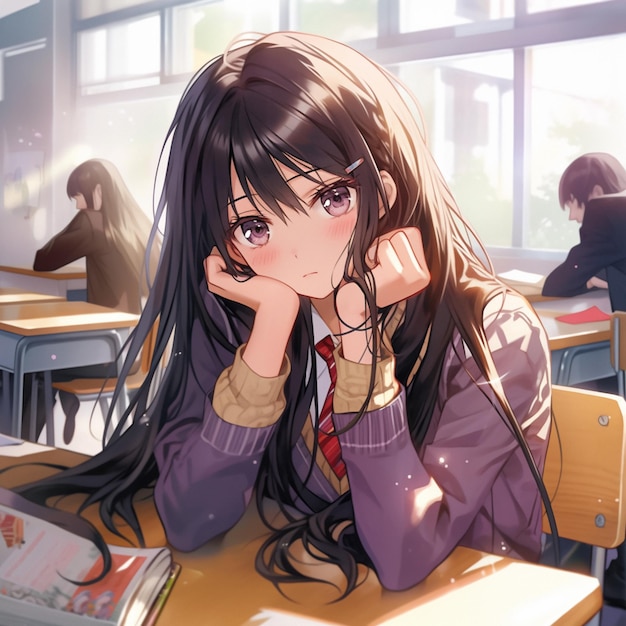 anime meisje zit aan een bureau met haar hand op haar kin generatieve ai