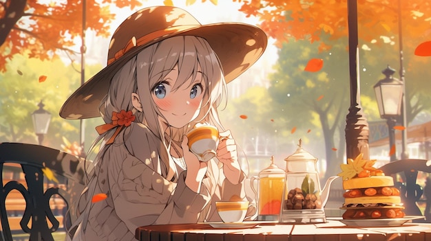 Anime meisje zit aan een tafel met een kop koffie en een boterham generatieve ai