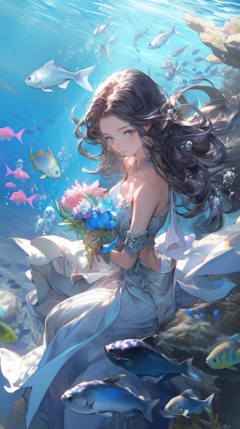 Anime meisje zittend op een rots met een boeket bloemen generatieve ai