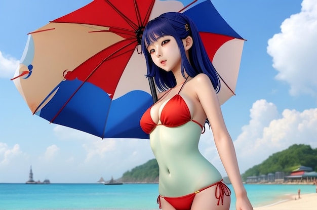 Anime met bikini op het strand die naar jou kijkt