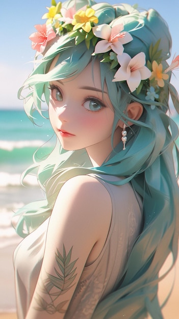 Anime model met bloemen op haar hoofd op het strand in de stijl van artgerm