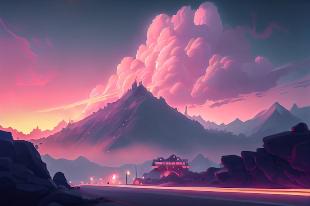 Anime mountain view and pink sunset clouds Generative AI