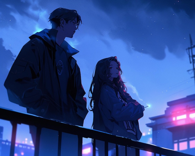 Anime-paar dat 's nachts op een brug staat met stadslichten op de achtergrond generatieve ai