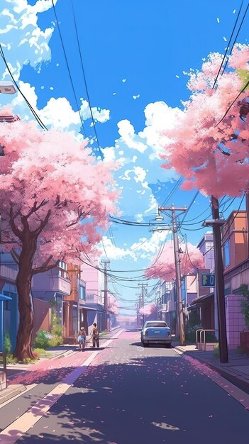 Anime person walking the street with cherry blossoms