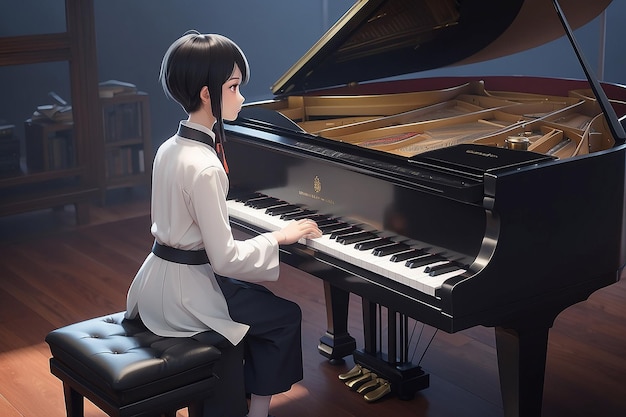 Anime personage die piano speelt