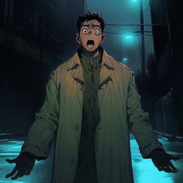 anime personage in trenchcoat staand in een donkere steeg met open armen generatieve ai