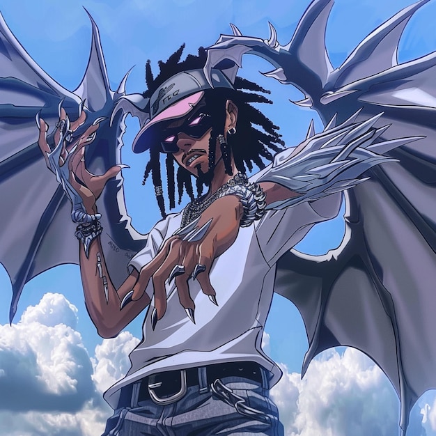 Foto anime personage met een vleermuis als vleugels en een hoed op generatieve ai