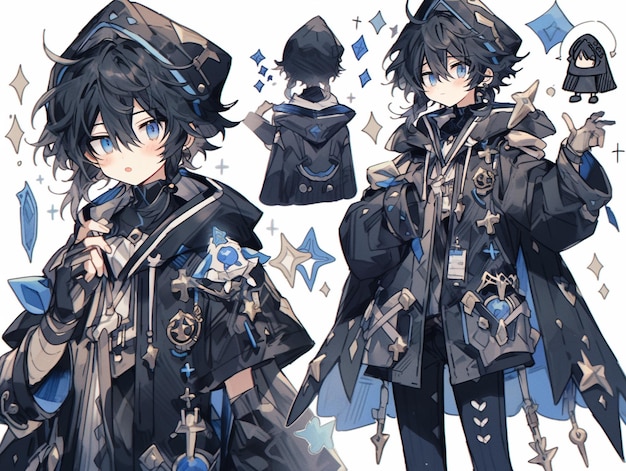 anime personage met een zwarte jas en een blauwe hoed generatieve ai