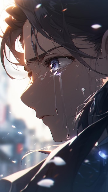 Foto anime personage met tranen in de ogen staart naar iets in de verte generatieve ai
