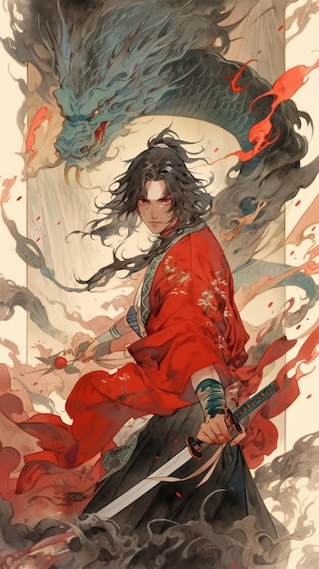 anime personage met zwaard en draak in rode mantel met rode rook generatieve ai