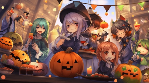 anime personages gekleed in halloween kostuums en pompoenen in een kamer generatieve ai