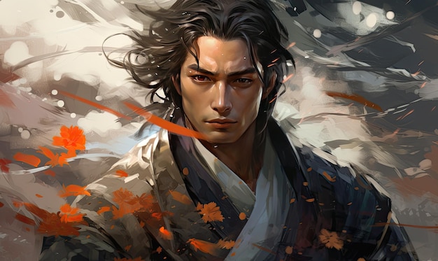 На аниме-портрете изображен красивый самурай с непоколебимой решимостью.