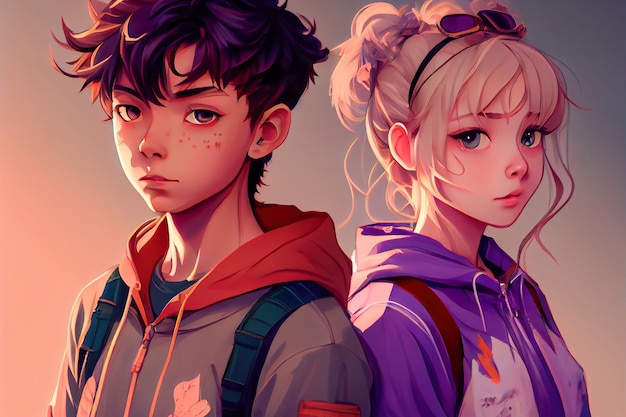 Anime portrait girl and boy Generative AI