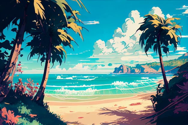 Anime prachtig strand met palmbomen Generatieve AI Generatieve AI