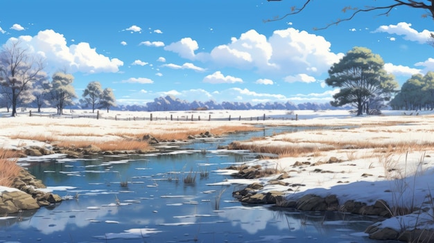 Anime River In The Snow Serene Pastoral Scenes With Realistic Blue Skies