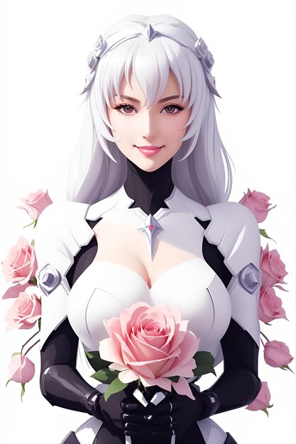 anime robot girl holding pink roses images with ai generated