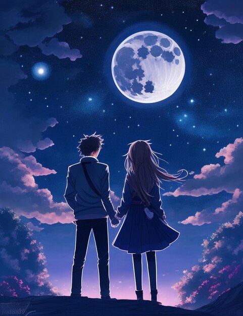 Starry Night Romance: Anime Couple Sharing a Kiss Under the Open Sky, Anime  Digital Art illustration for background wallpaper. Generative AI Stock  Illustration