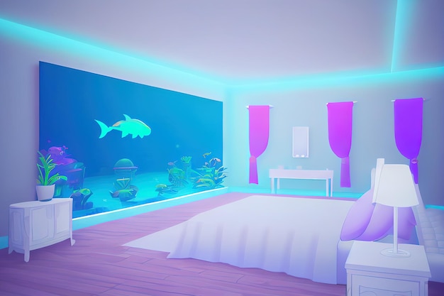 Фото Аниме комната с аквариумом в неоновых тонах generative ai