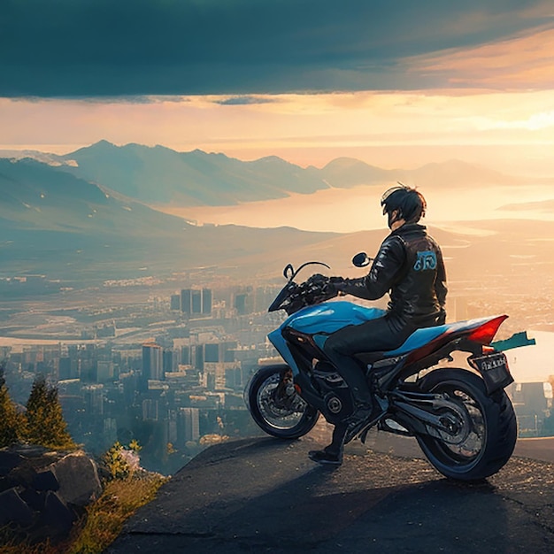 Anime sad boy standing with a bike and looking nature cityscape a city desktop wallpaper background