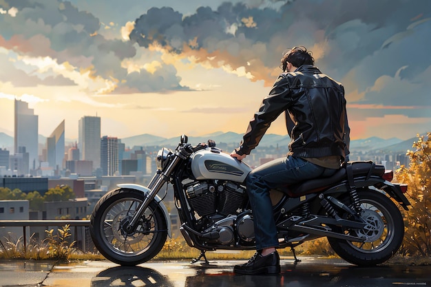 Anime sad boy standing with a bike and looking nature cityscape a city desktop wallpaper background