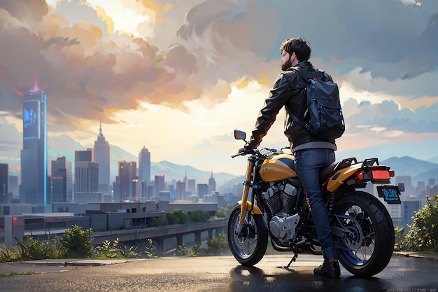 Anime sad boy standing with a bike and looking nature cityscape a city desktop wallpaper background