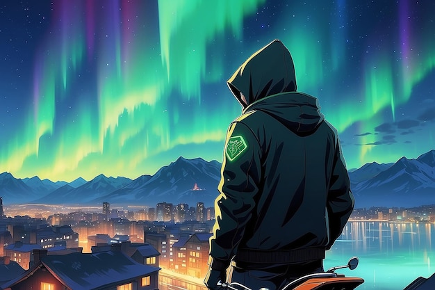 Anime sad boy standing with a bike and looking nature cityscape a city desktop wallpaper background