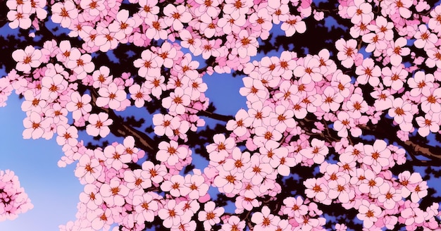 アニメの桜の花、ピンクの色調の木にピンクの桜の花