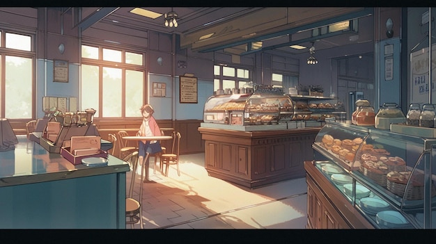 Anime scene of a bakery with a woman standing in front of the counter generative ai