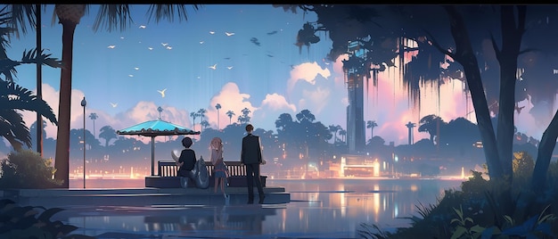 anime scene of a couple standing under an umbrella in a park