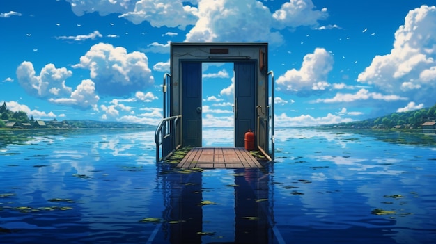 Anime scene of a door leading to a lake with a boat in the water generative ai