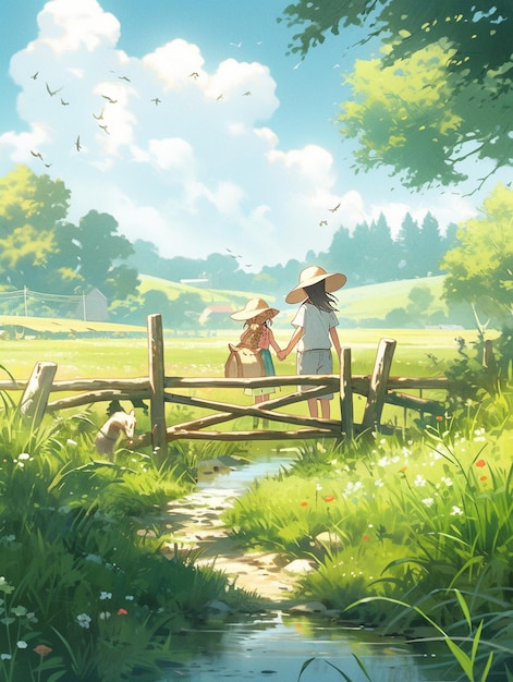 Anime scene of a girl and a boy standing on a fence in a field generative ai