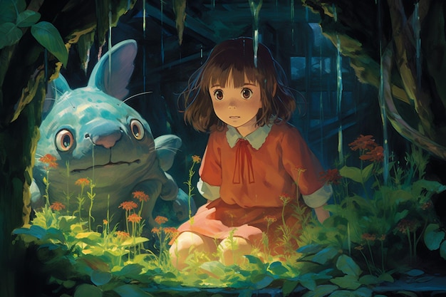정원에서 소녀와 토끼의 애니메이션 장면