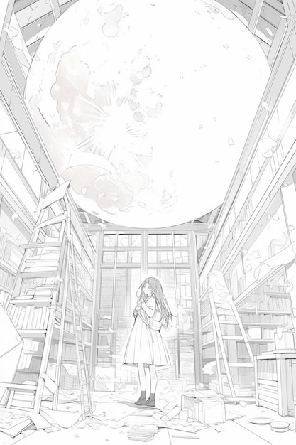 Anime scene of a girl standing in a library with books generative ai