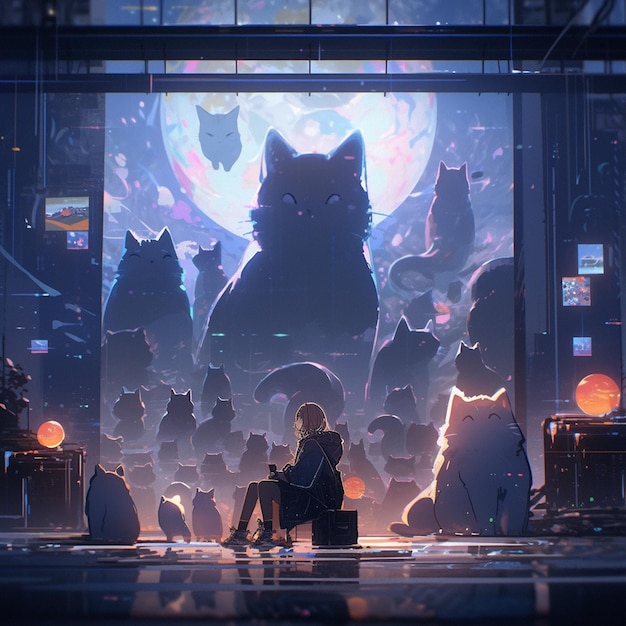 Anime scene of a group of cats sitting on a bench in front of a screen generative ai