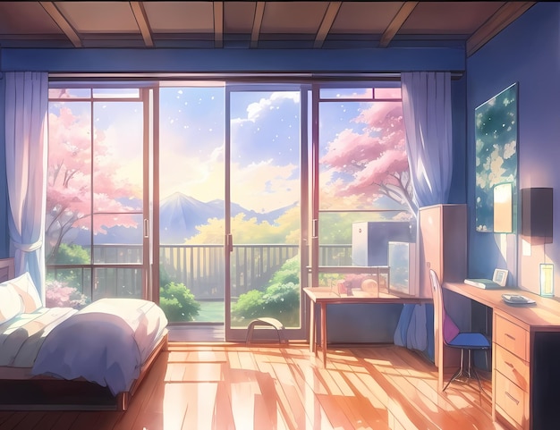 산의 전망을 감상할 수 있는 큰 창문이 있는 집 방의 애니메이션 장면