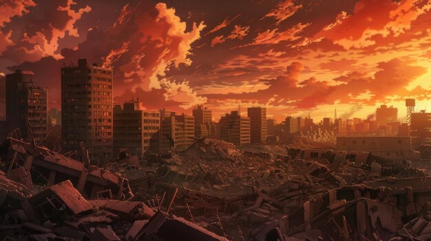 Anime scene of a lonely girl in a postapocalyptic world sunset warm colors art