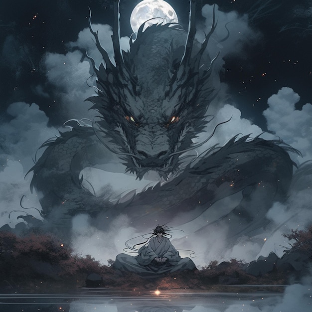Аниме сцена человека, сидящего на скале с драконом на заднем плане