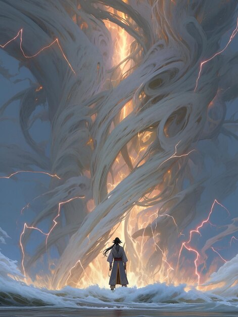 Anime scene of a man standing in front of a huge cloud generative ai