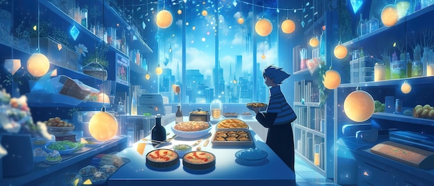 Photo anime scene of a man standing in a kitchen with food