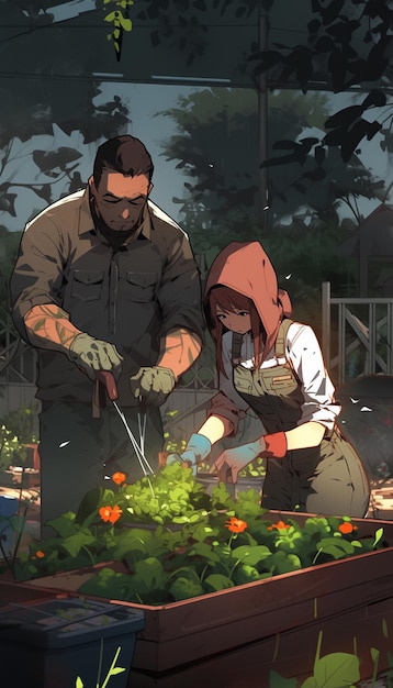 anime scene of a man and woman tending to plants in a garden generative ai