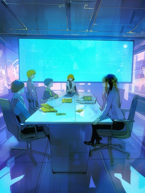 アニメの会議室で男性と女性がテーブルに座っているシーン