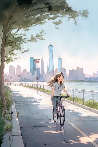 사진 보행자 길에서 자전거를 타는 여자의 애니메이션 장면