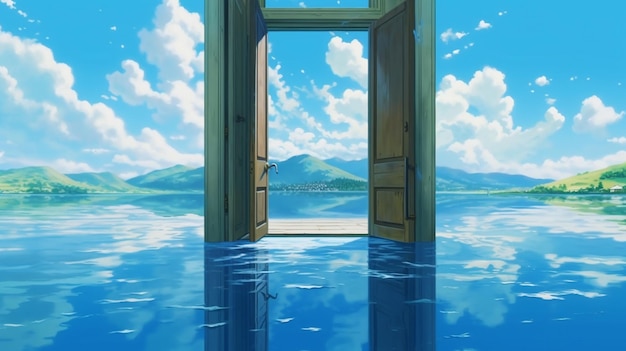 Anime scene of open door leading to a lake with mountains in the background generative ai