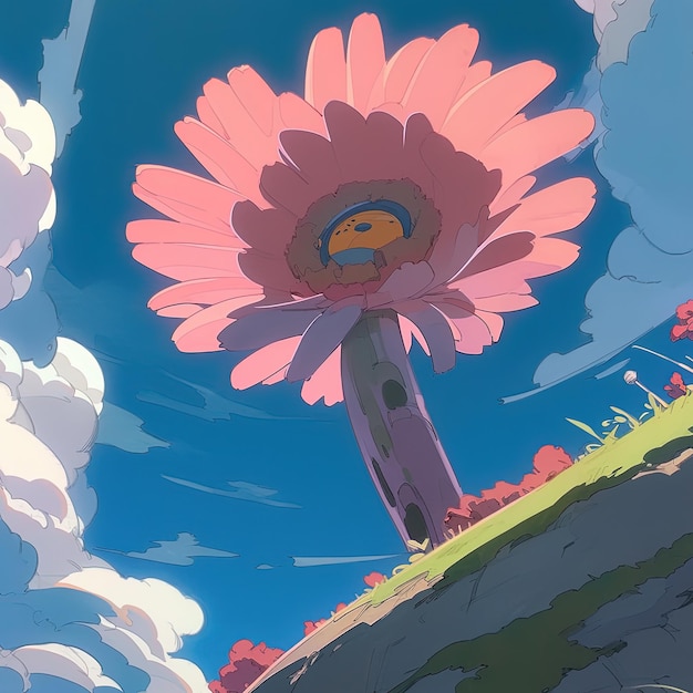 Photo anime scene of a pink flower with a blue sky in the background