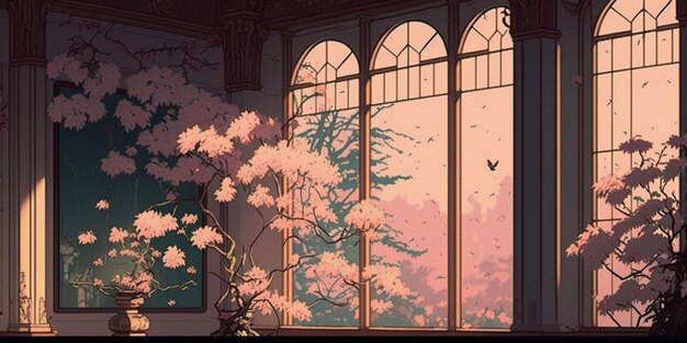 Photo anime scene of a room with a window and a tree generative ai