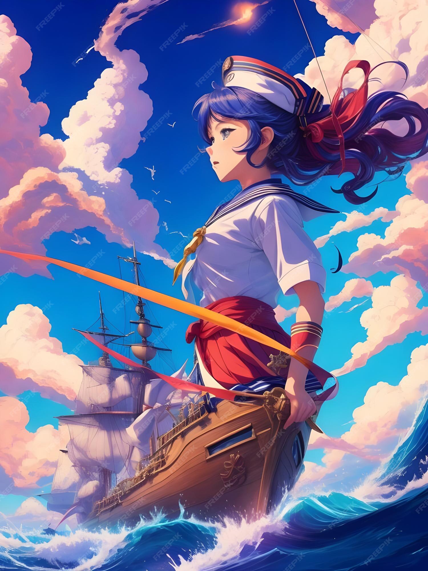 Premium AI Image  Anime scene of a sailor on a fantastical ship 