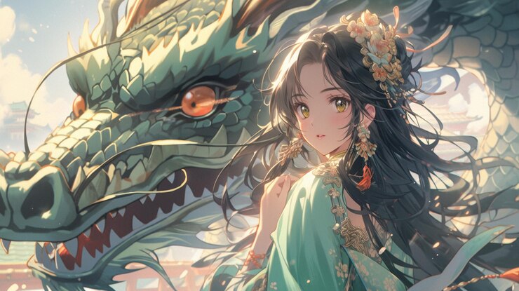 Photo anime scene of a street with a dragon flying over a building generative ai